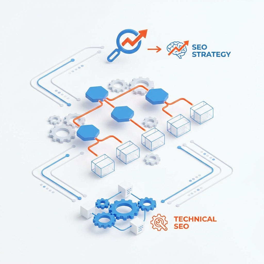 Brandstailer customized search engine optimization workflow blueprint showing keyword analysis, site optimization, and performance mapping